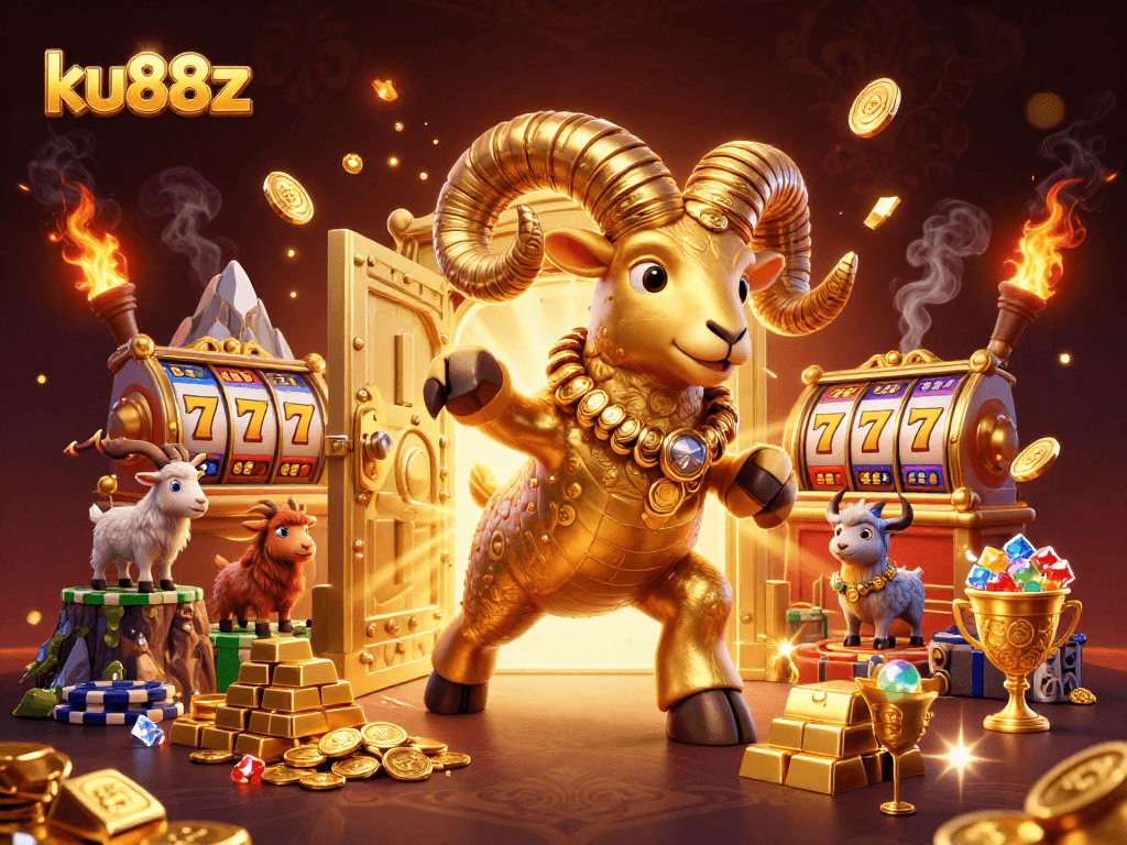 ku88z showcases a massive golden ram charging at a vault amidst thrilling slot game elements and treasure.