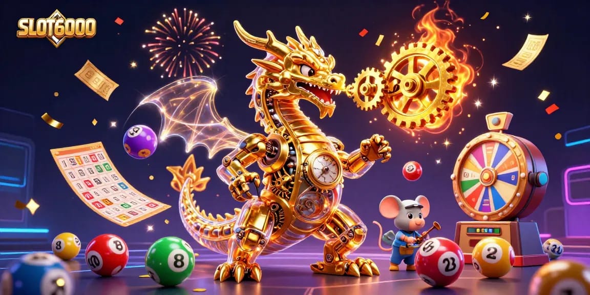 SLOT6000 showcases a golden dragon and vibrant lottery elements, delivering thrilling gaming excitement.