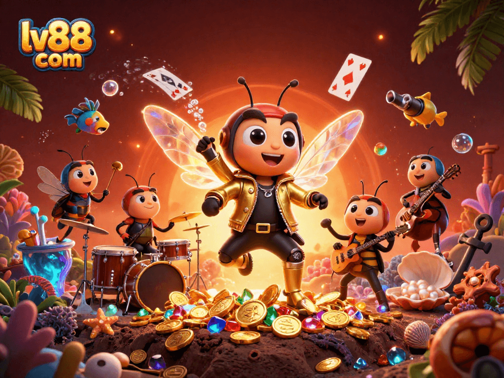 Experience exciting wins at lv88 com with a vibrant casino-themed rock scene featuring dynamic characters and treasures.