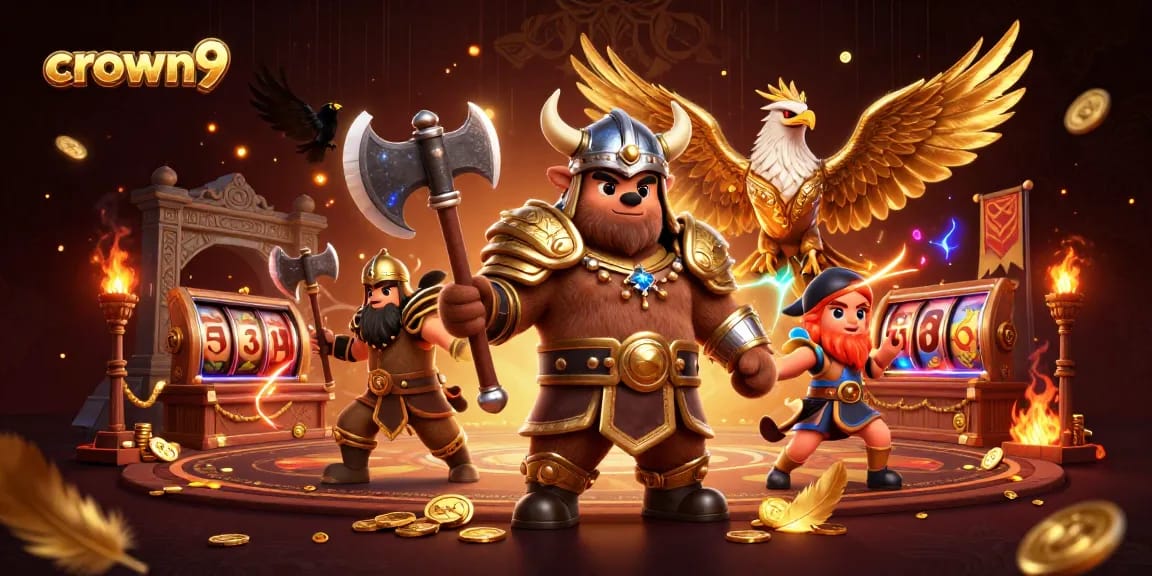 Crown9 exciting online pokies action with Viking bear, Valkyrie eagle, and glowing tokens.