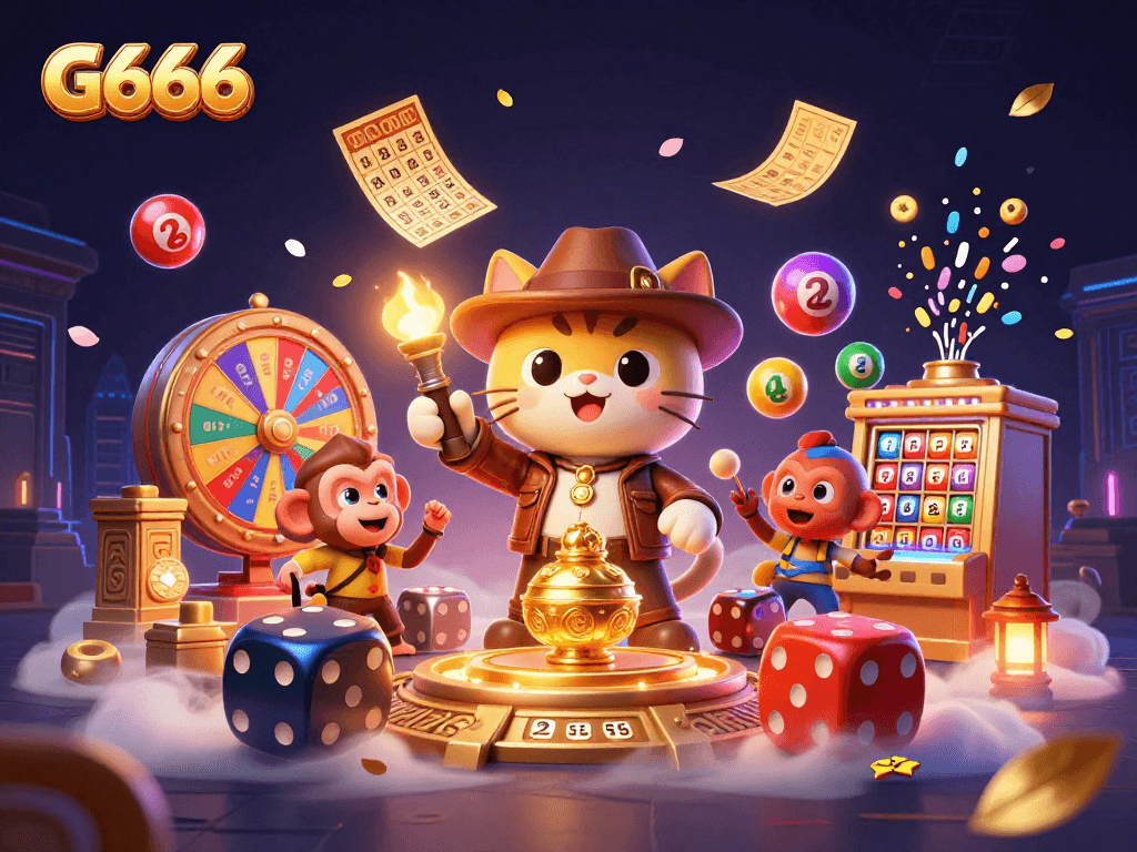 Experience the thrills of G666 as a playful cat archaeologist unearths golden artifacts in a vibrant casino.