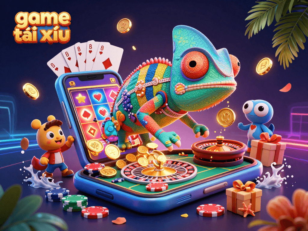 Engaging game tài xỉu illustration with a cartoon chameleon capturing golden coins amidst vibrant casino elements.