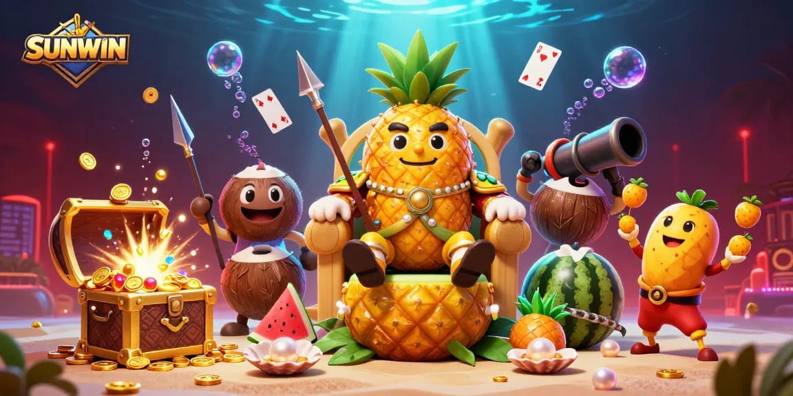 SUNWIN players experience excitement in this vibrant 3D illustration, showcasing a golden pineapple king and a lively casino atmosphere.