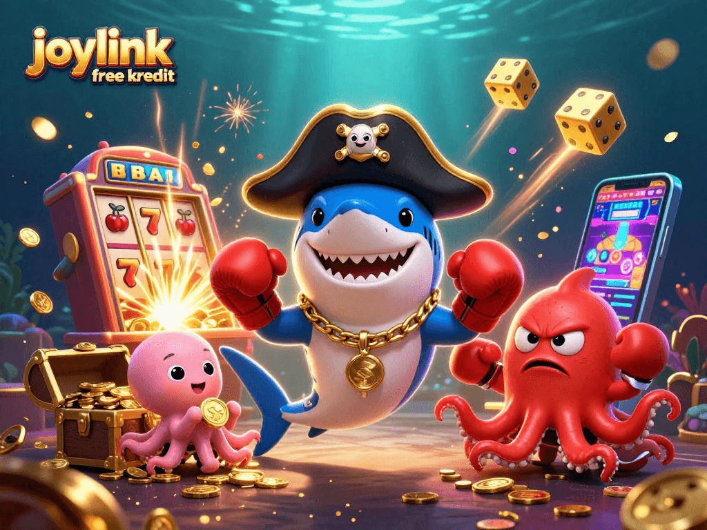 Engage with joylink free kredit through this vibrant 3D casino illustration showcasing themed characters and exciting game elements.