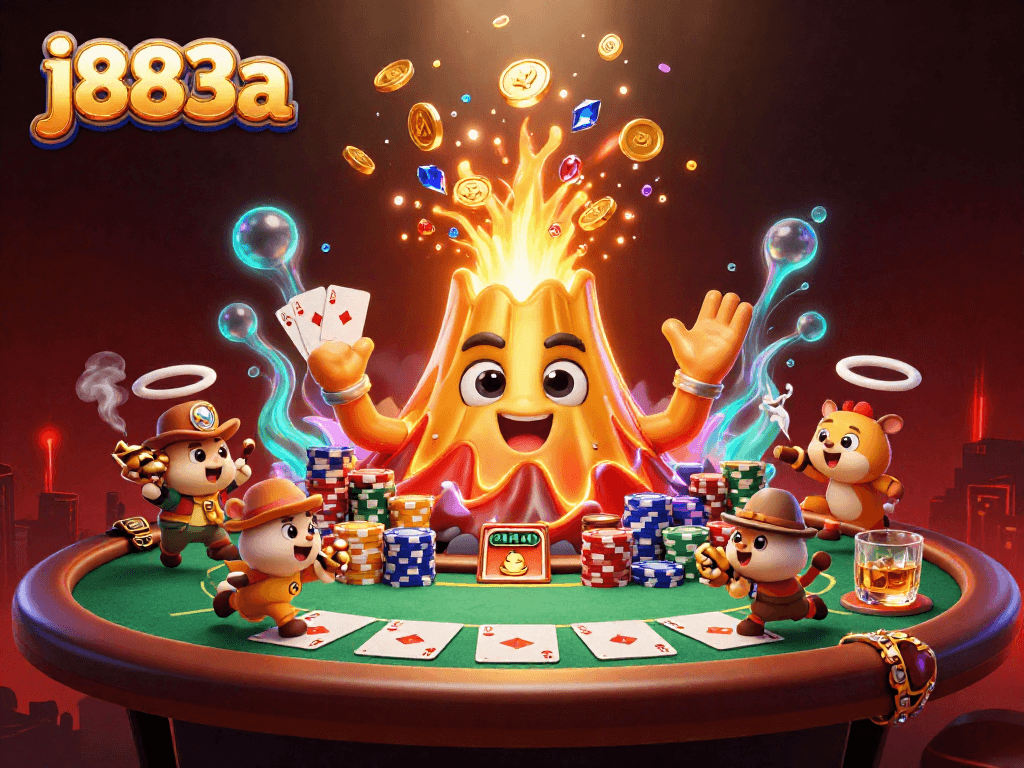 Experience j883a's exciting poker scene with a volcano erupting coins and tiny treasures.