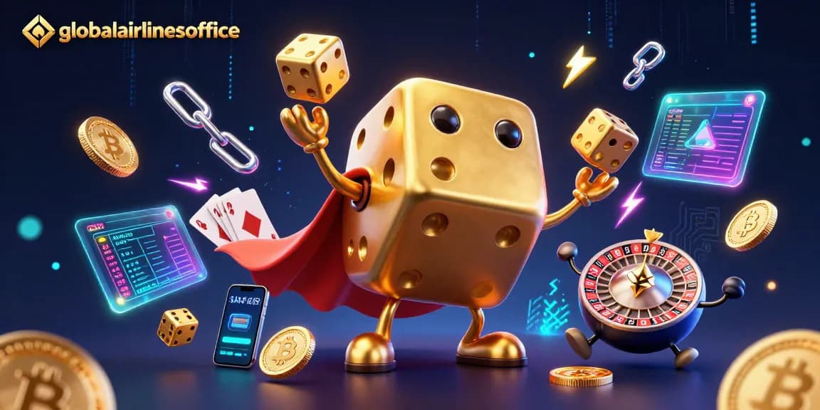 Play exciting games at globalairlinesoffice with cartoon dice and crypto elements in a vibrant scene.
