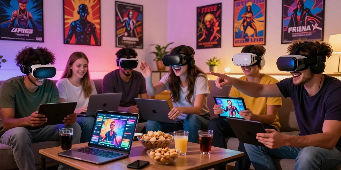 Engaged friends playing free sex games online in cozy living room setting.