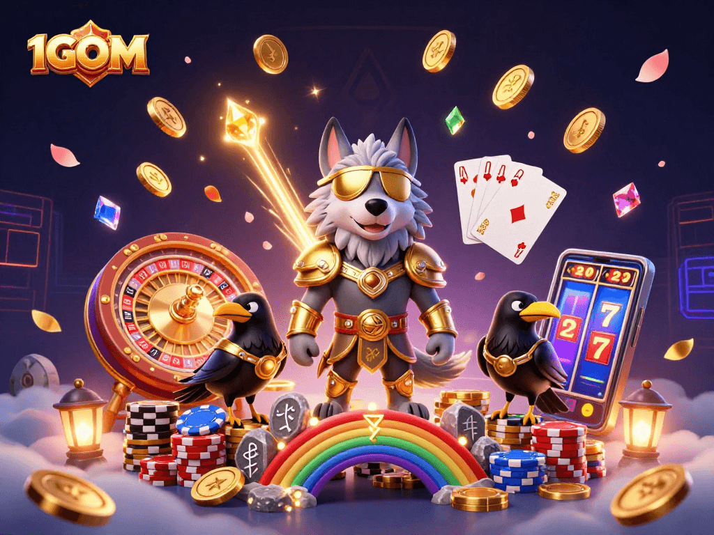 Join the gaming action with 1GOM's vibrant 3D casino scene featuring Odin and his ravens.