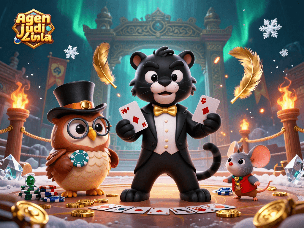 Engage in thrilling matches at agen judi bola with unique characters and casino elements in a vibrant 3D scene.