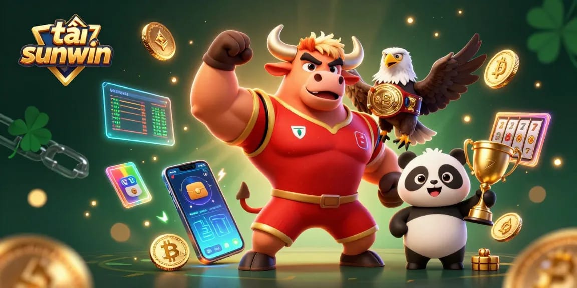 Experience the thrill of tải sunwin with a champion bull, eagle, and panda in a vibrant casino scene.