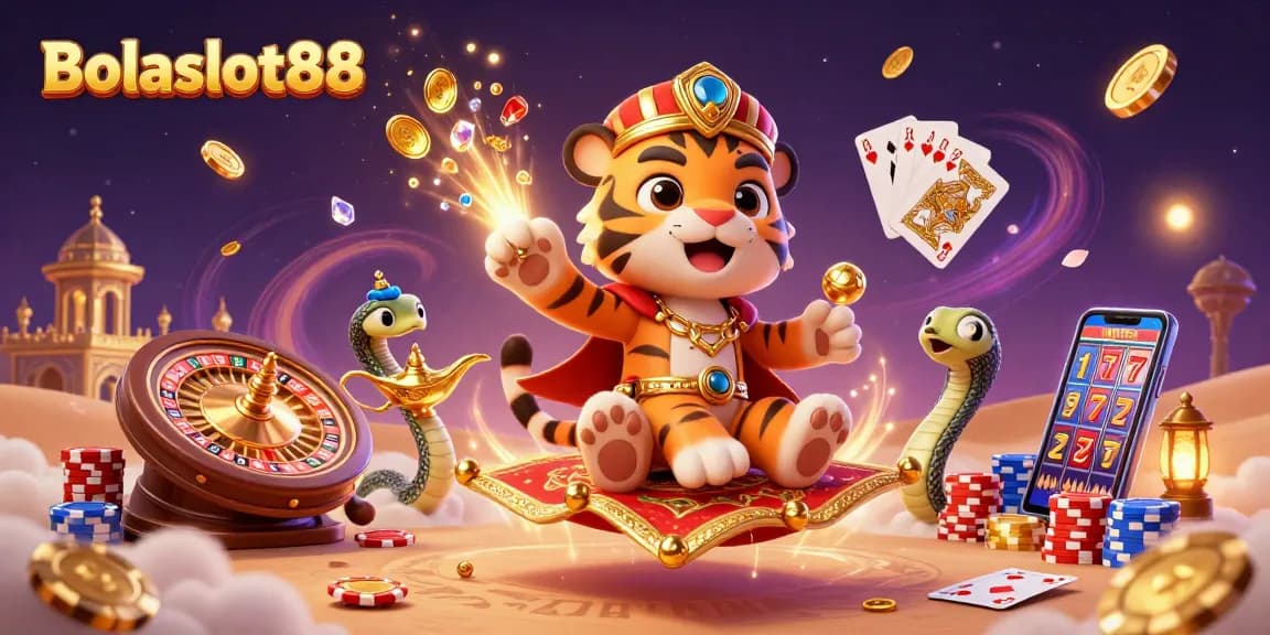Experience excitement with Bolaslot88 as a tiger sultan and genie snake create a magical casino scene full of treasures.