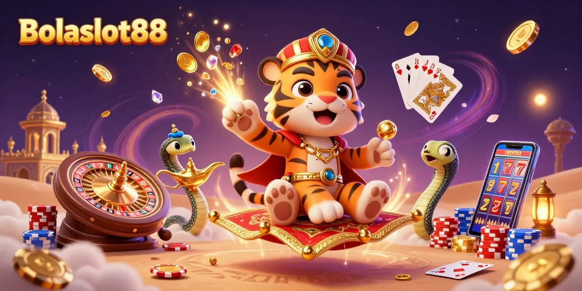 Experience excitement with Bolaslot88 as a tiger sultan and genie snake create a magical casino scene full of treasures.