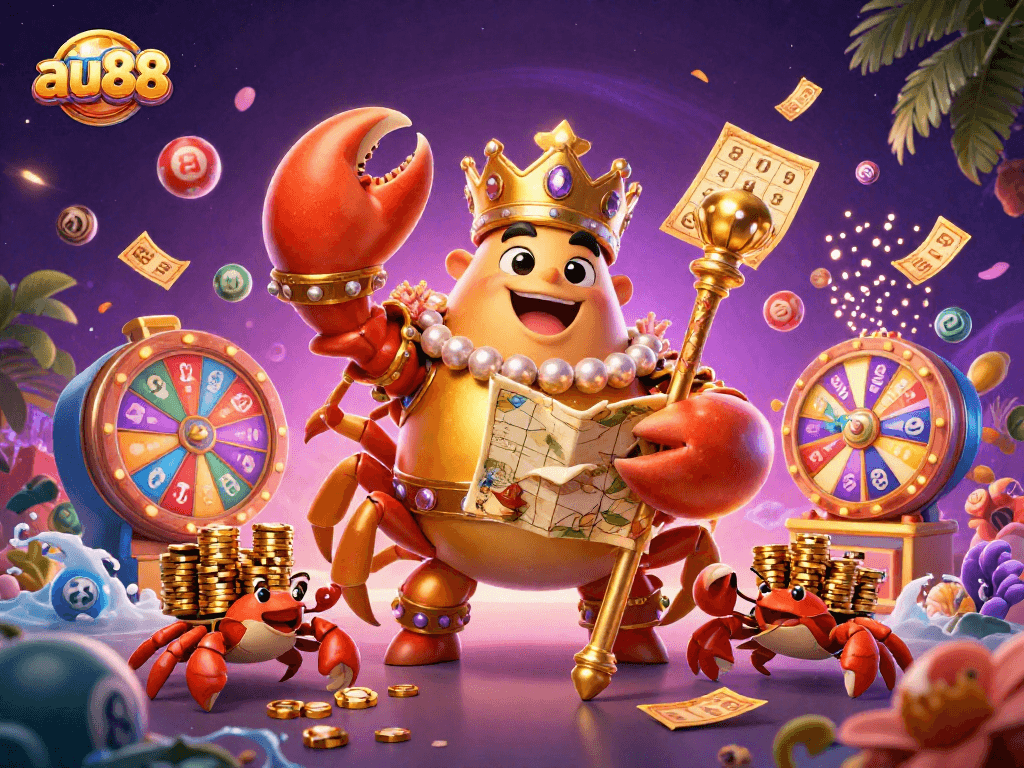 Experience winning excitement at au88 with a vibrant illustration of a golden crab emperor amidst a dynamic casino scene.