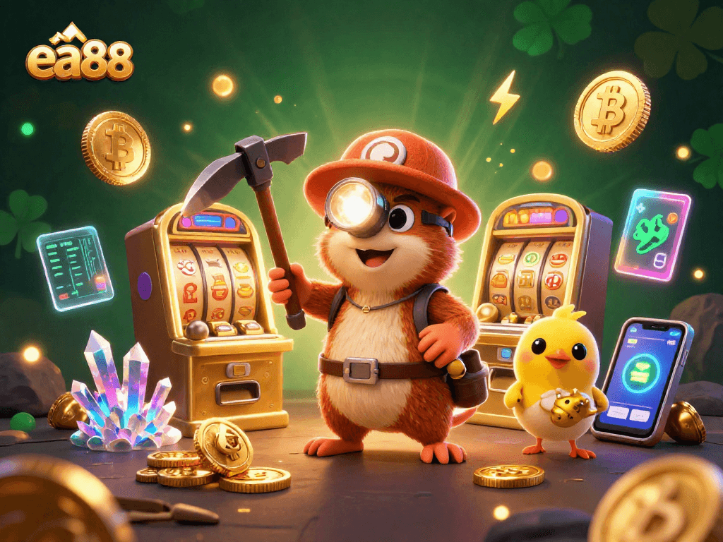Join the excitement at ea88 as the treasure hunter mole uncovers jackpots in an illuminated casino environment.