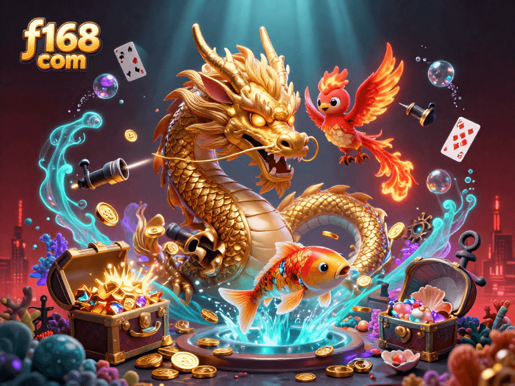 Discover thrilling gameplay at f168 com, with a golden dragon and rich casino elements.