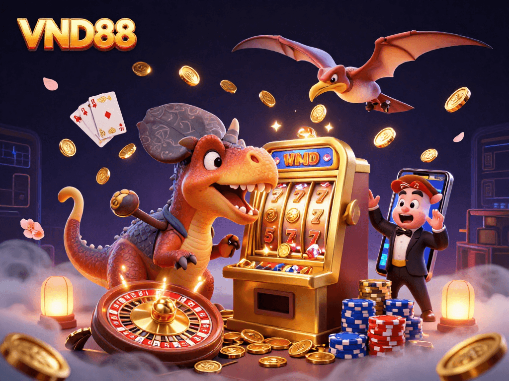 VND88 offers exhilarating jackpot thrills with a dinosaur-themed casino adventure featuring characters and golden coins.