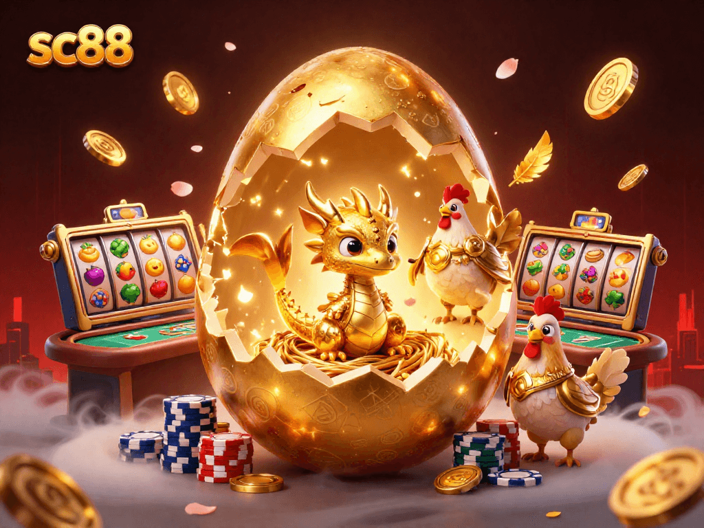 Experience the magic of sc88 with a golden egg and dragon on poker chips amidst casino excitement.