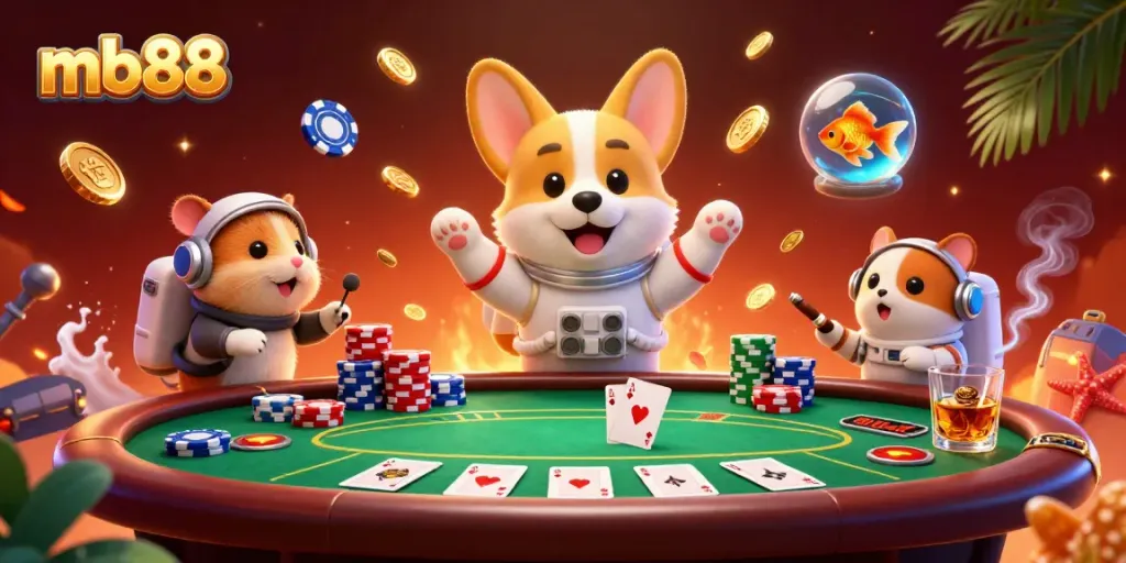 Experience the thrill of mb88 in a vibrant space casino with floating characters and gaming elements.