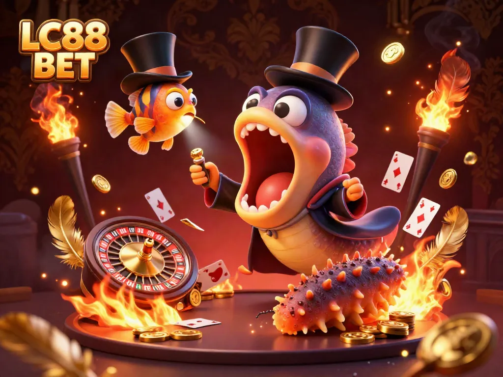 Experience thrilling moments at LC88 BET with unique characters performing magic tricks in a vibrant casino scene.