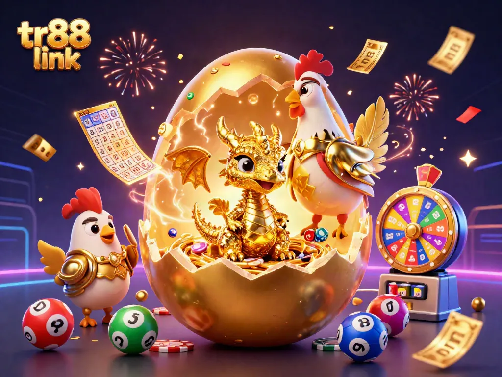 Engage with tr88 link, showcasing a golden dragon on poker chips amidst dynamic gambling elements.