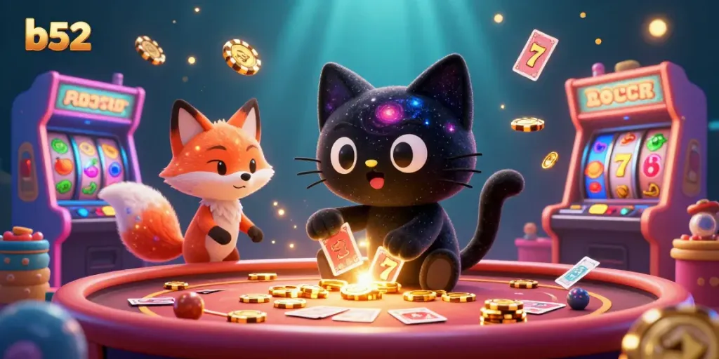 Experience the thrill of b52 gaming with a cosmic cat and colorful vortex elements in this vibrant casino illustration.