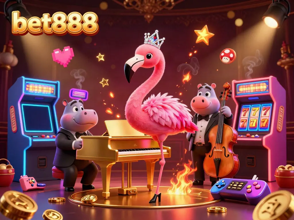 Experience the vibrant atmosphere of bet888 with a lively lounge singer, hippo bassist, and dynamic gaming elements.