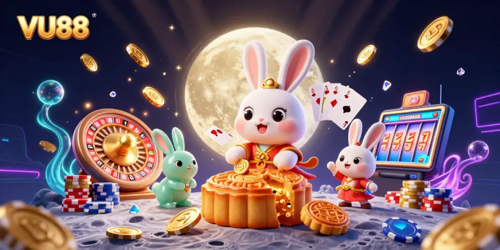 Experience excitement at VU88 with a vibrant casino scene featuring dynamic moon rabbits and dazzling game elements.