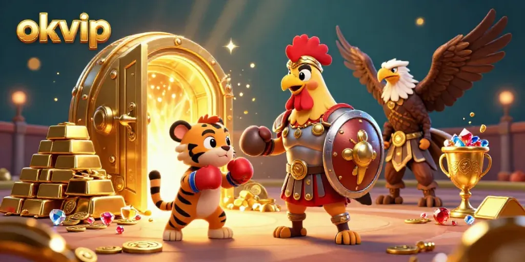 Engage in thrilling gaming with okvip's 3D cartoon scene featuring a gladiator rooster and gold treasures.