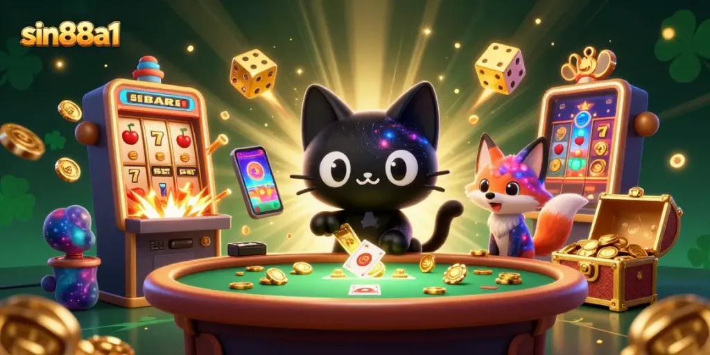 Experience immersive gaming thrills at sin88a1 with cosmic characters and dazzling casino elements.