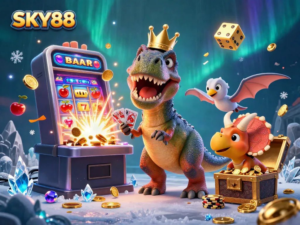 Engage with SKY88's thrilling jackpot scene featuring dinosaurs and dynamic casino elements.