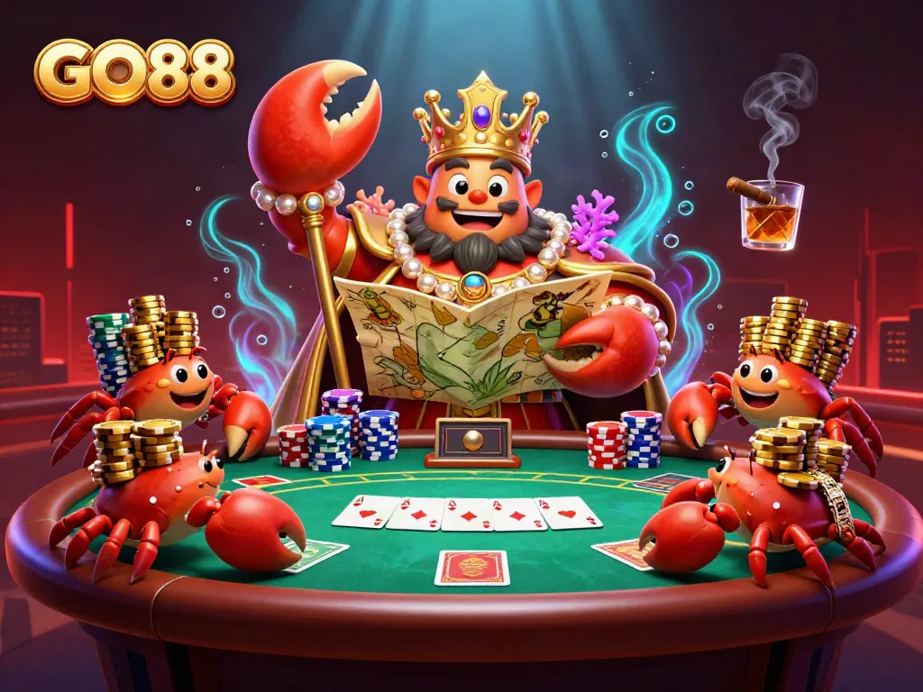 Experience thrilling GO88 gameplay with a golden crab emperor and vibrant casino elements