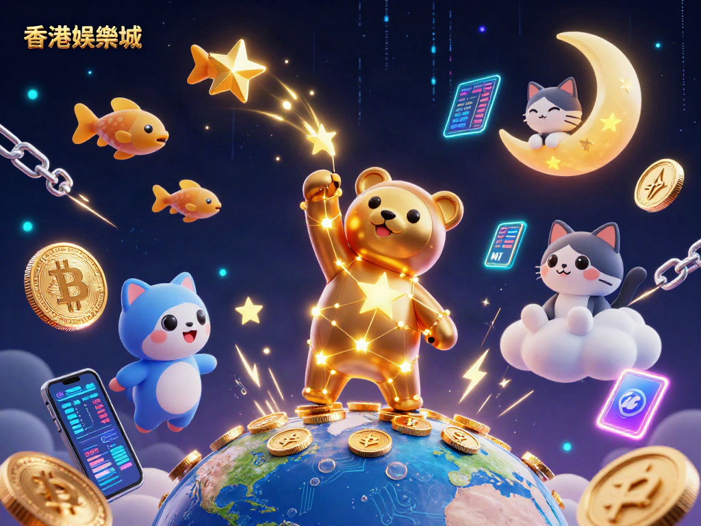 在香港娛樂城中,星星連結的3D卡通星座熊向下撈取金幣,伴隨著流星魚和雲端上的貓咪,營造出奪目的場景。