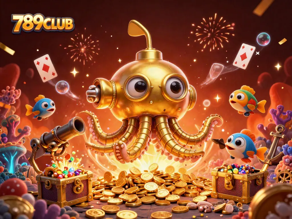 Experience exciting wins at 789CLUB amidst treasures and animated characters in a vibrant casino scene.
