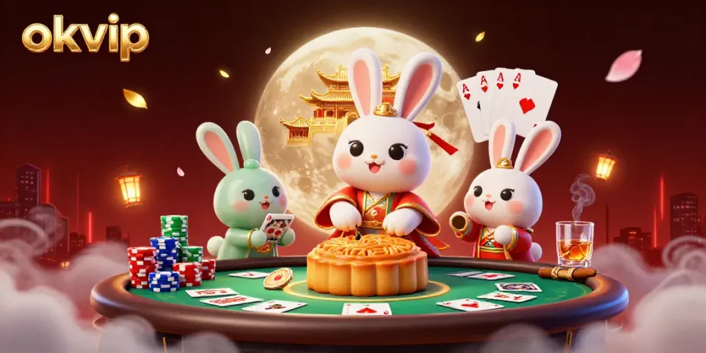 Engaging okvip scene with a moon rabbit and poker elements showcasing a vibrant casino atmosphere.