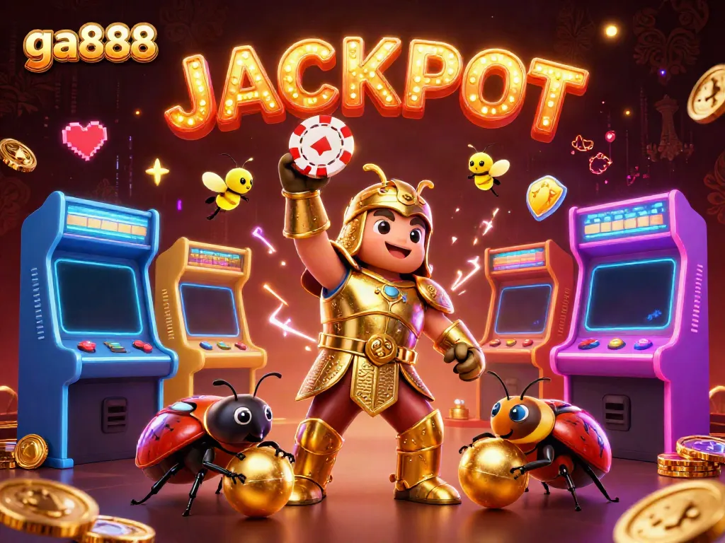 Engage in ga888's dynamic world with a victorious beetle and colorful gaming elements.