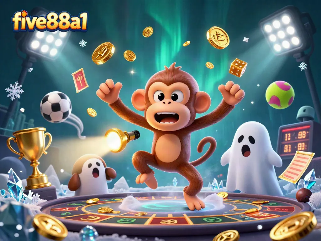 Engage with five88a1’s vibrant casino gaming scene featuring a playful monkey and a ghost-hunter puppy.