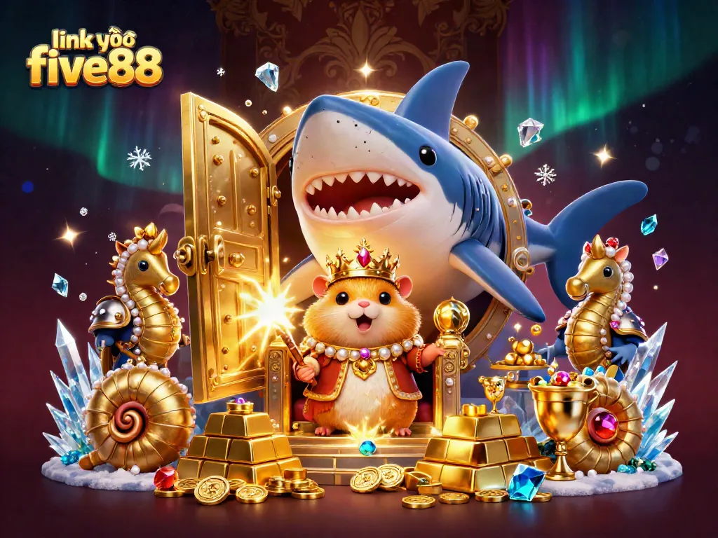 Experience the thrill at link vào five88 with a golden hamster king on a megalodon throne amidst treasure.