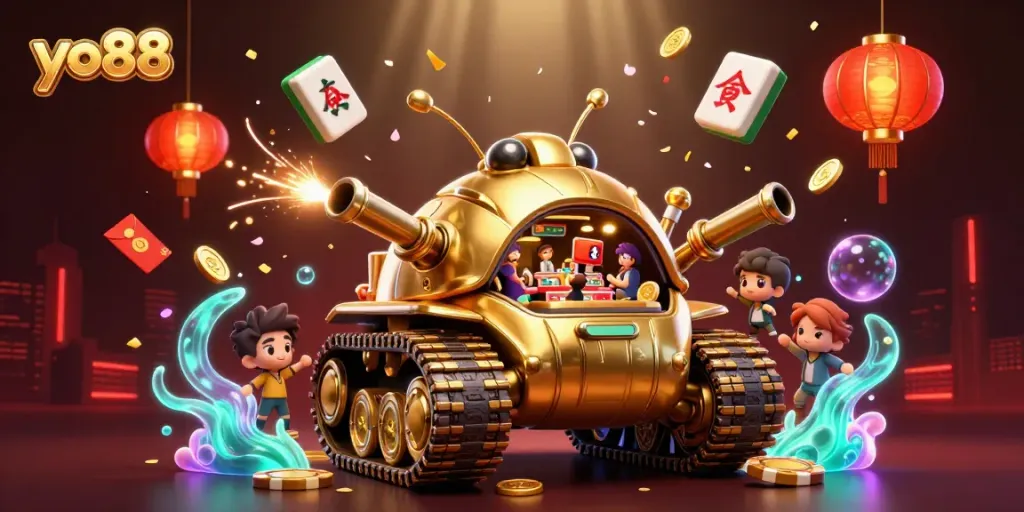 Engage with exciting games at yo88, featuring a vibrant 3D cartoon scene of a golden beetle tank casino!