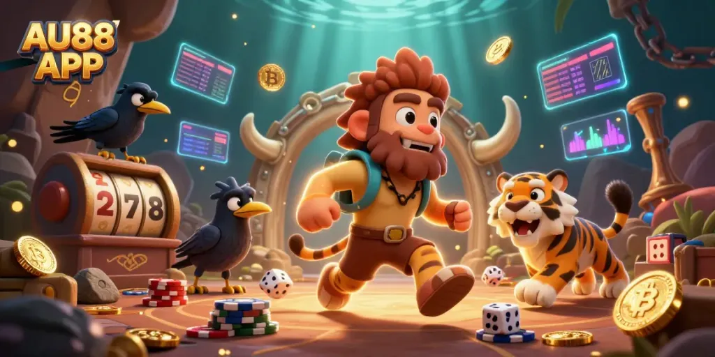 Experience exciting gameplay with AU88 APP featuring prehistoric characters in a vibrant casino atmosphere.