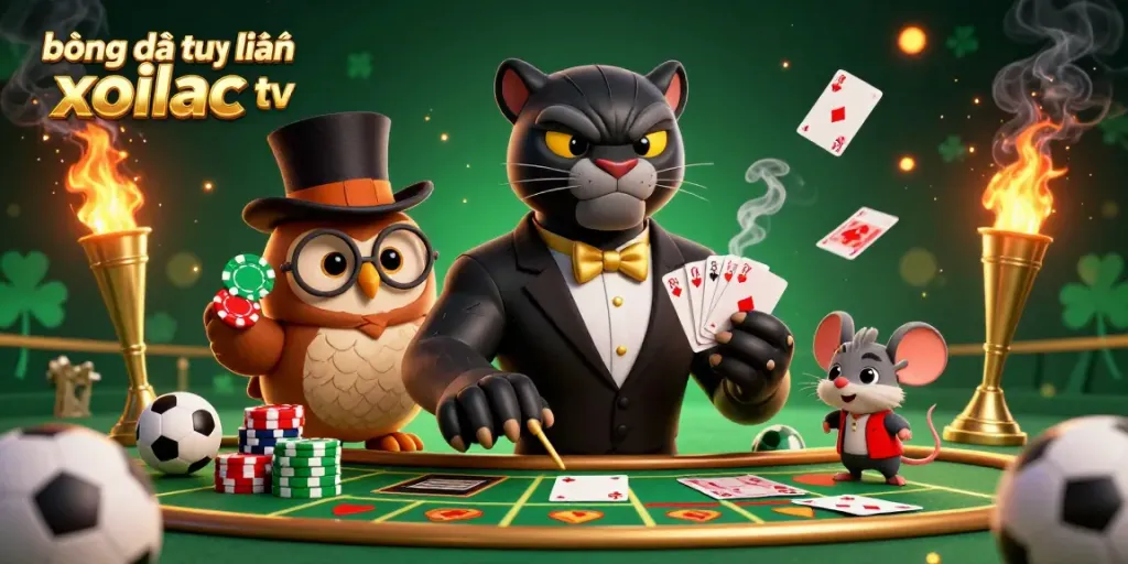 Experience bóng đá trực tuyến xoilac tv with stylish characters engaging in a lively card game infused with sports betting excitement.