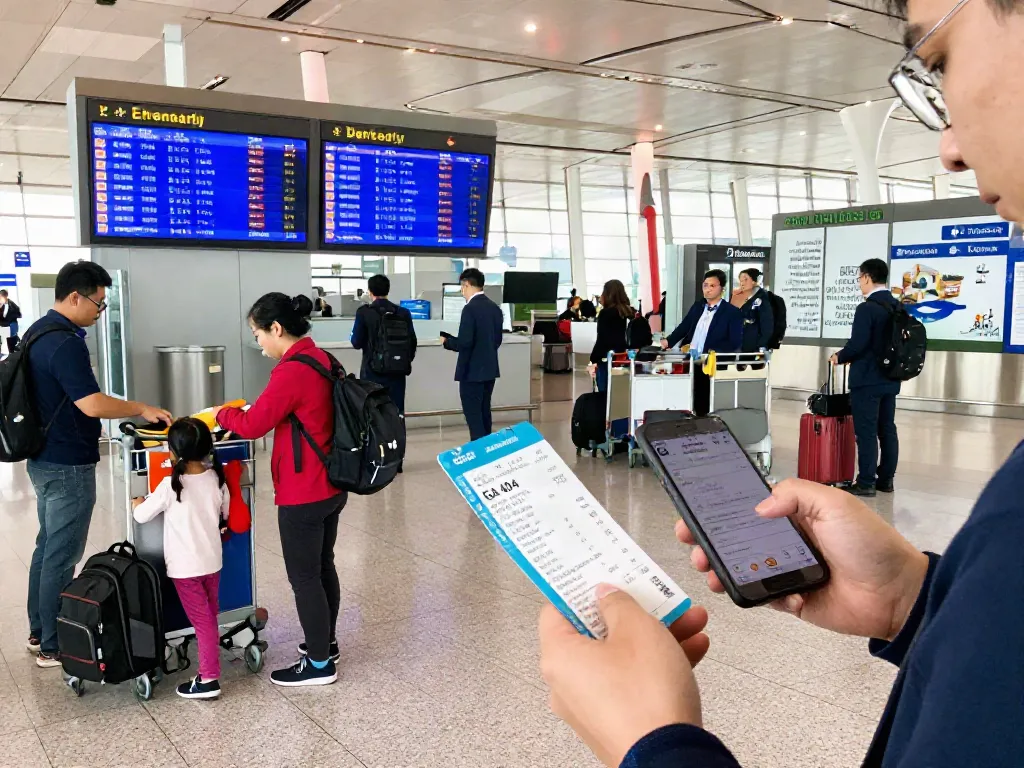 Traveler preparing for garuda 404 flight at airport terminal with busy atmosphere