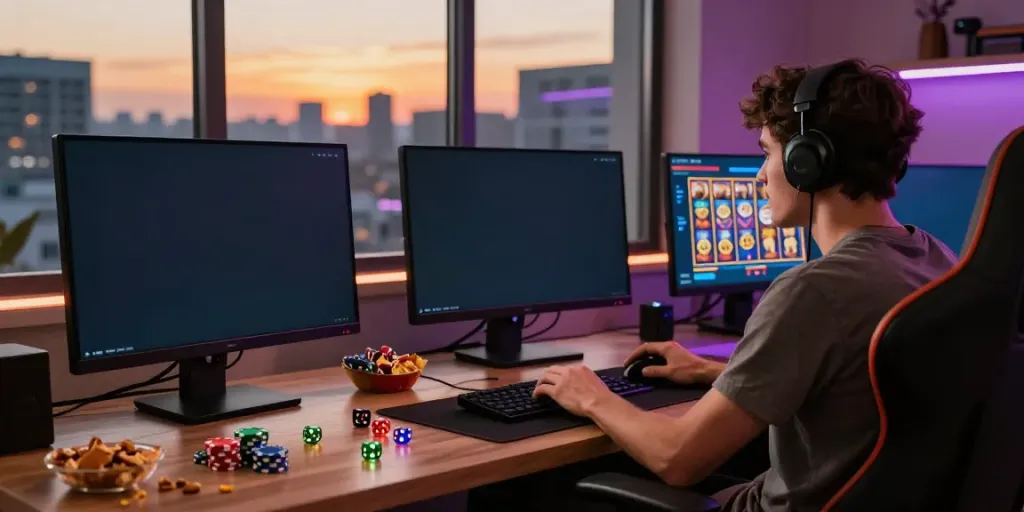 Player engaged in slot88 gaming with colorful accessories in a cozy setup.