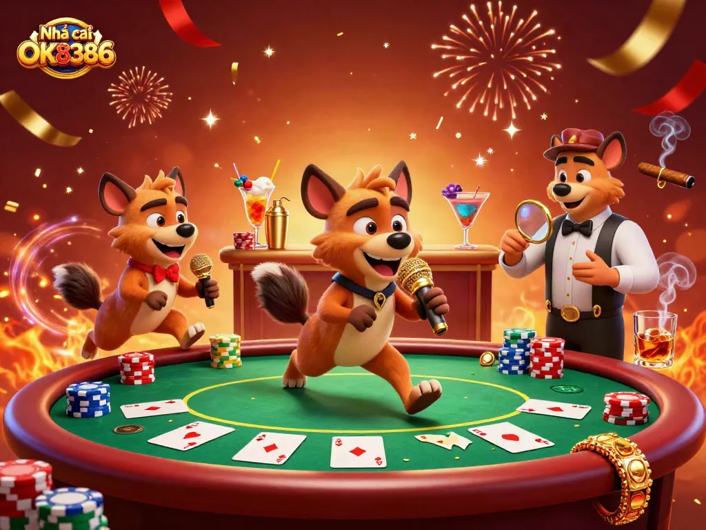 Engaging illustration showcasing Nhà cái OK8386 with a comedic hyena performer, lively casino elements, and festive details.