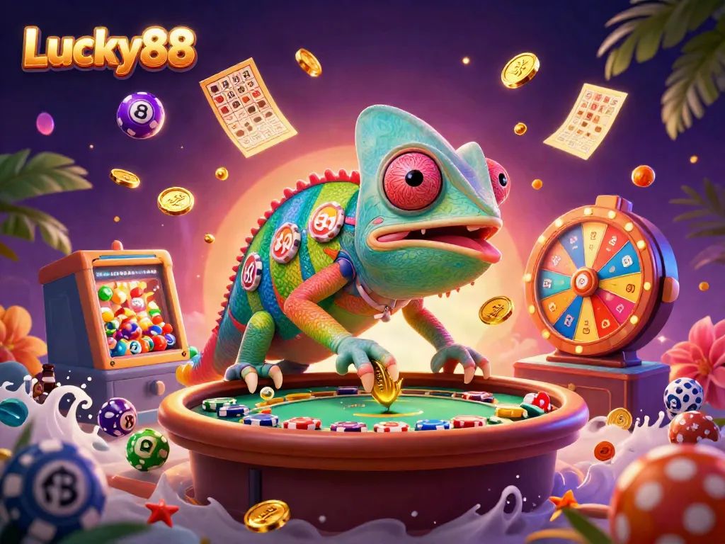 Engaging scene featuring Lucky88, the vibrant chameleon casino owner collecting coins amid lottery balls and game elements.