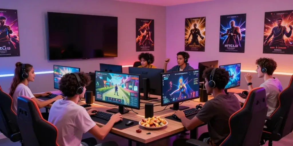 Engaged friends enjoying online gaming at HITCLUB, showcasing a lively gaming atmosphere.