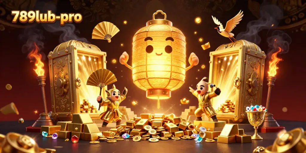 Engage with 789lub-pro's vibrant casino world through a golden lantern spirit in this immersive illustration.