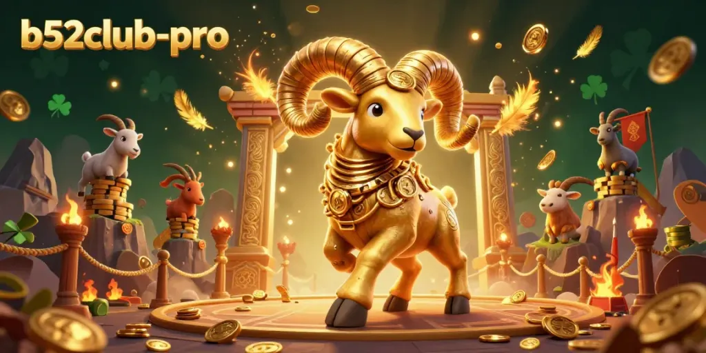 Experience thrilling action at b52club-pro with a charging golden ram amidst a vibrant casino scene.