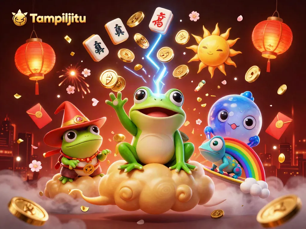 Tampiljitu offers an exciting gaming experience with a dynamic illustration of a weather wizard frog and a chameleon surrounded by coins and rich casino elements.