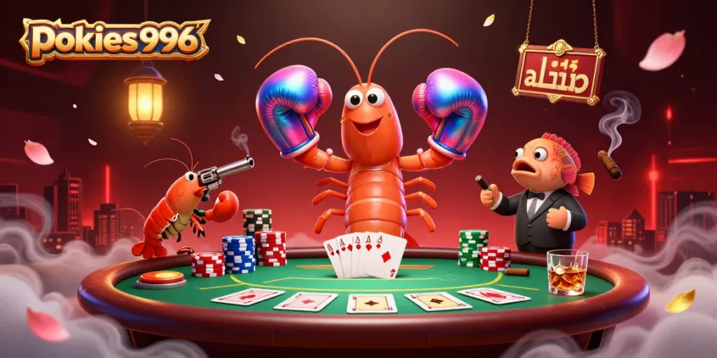 Engage with pokies996 exciting casino experience, featuring vibrant characters and poker elements in an animated scene.