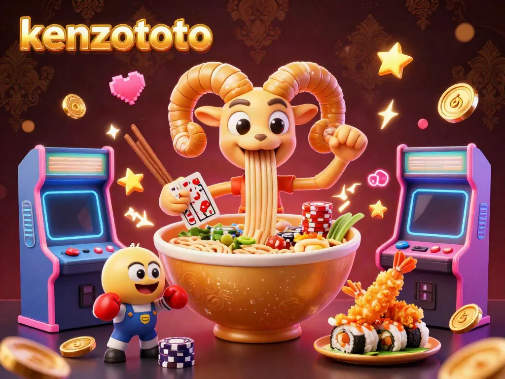 Engage with kenzototo, highlighted by a vibrant scene of a cartoon ramen bowl and quirky game elements.